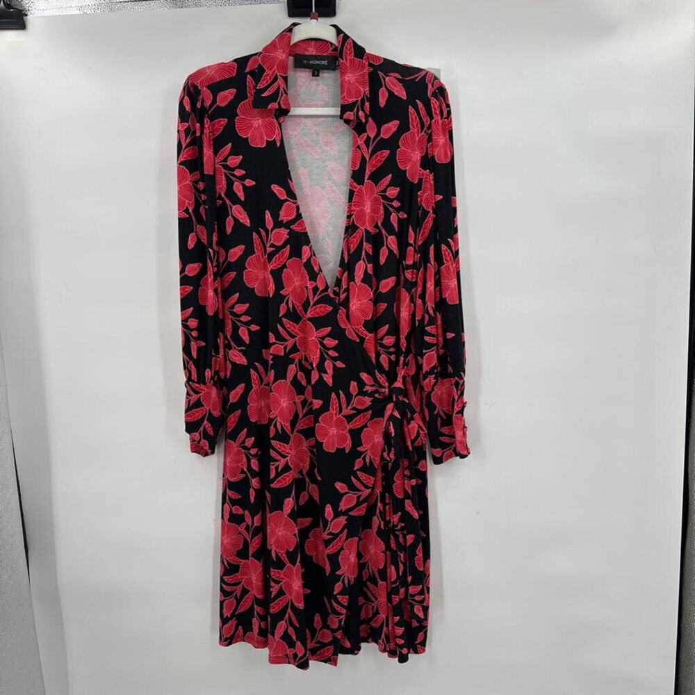 Women's 11 Honore Collection Faux-Wrap Floral Knit Dress Black Red 1X